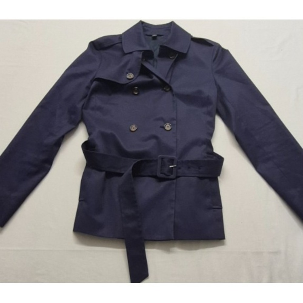 Brooks Brothers 346 women's navy blue trench coat buttons belted stretch sz 4‎